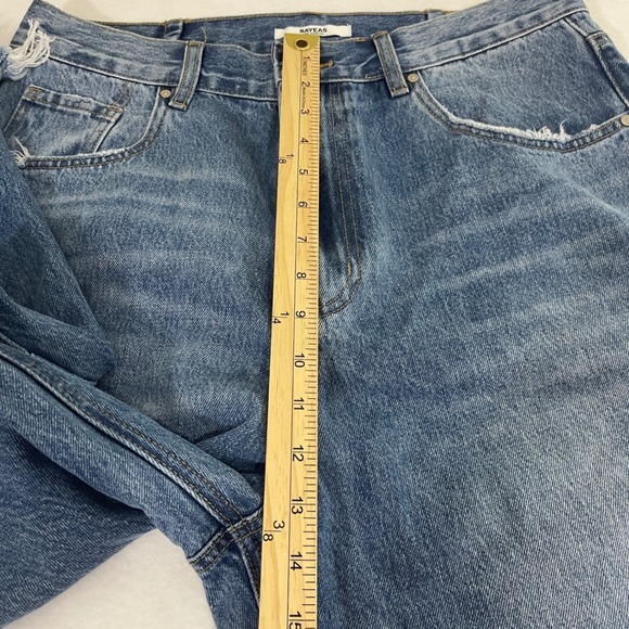 BAYEAS Frayed Hems Drop Crotch Barrel Jeans 31 Distressed Wide Leg Blue Denim - Picture 8 of 10